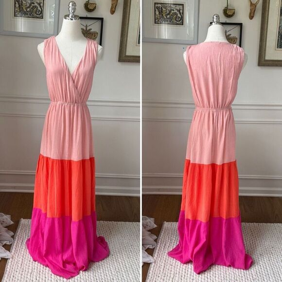 Aura Women's Sleeveless Colorblock Crinkle Maxi Dress Salmon Orange Fuchsia $160 - Picture 1 of 7
